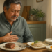 Hombre mayor sentado a la mesa con una mano sobre el abdomen, frente a varios platos con proteínas como pescado, huevo, queso fresco y un trozo de carne.