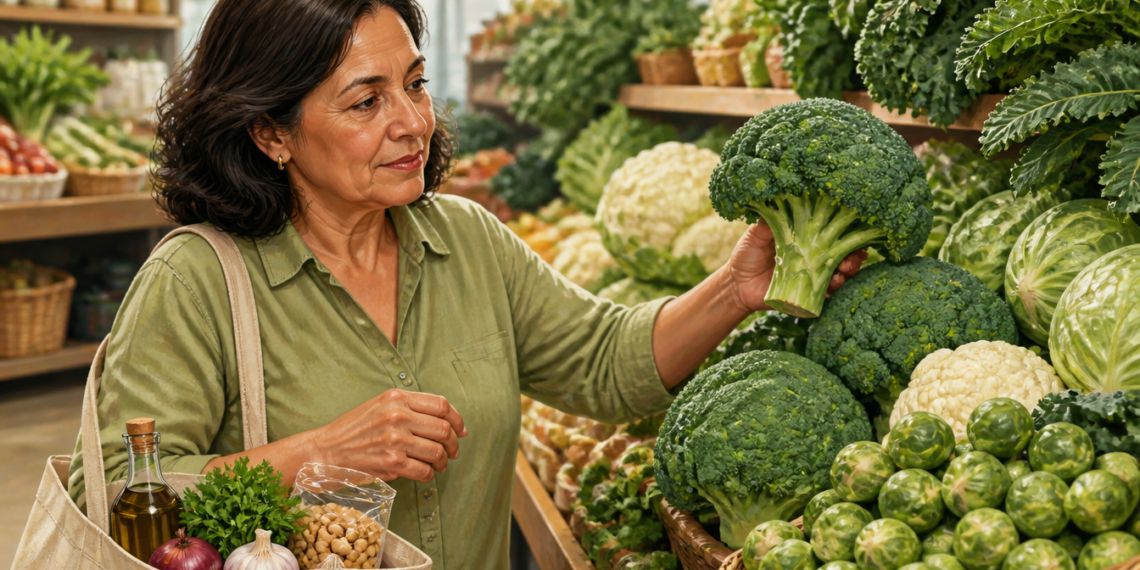 Mujer adulta eligiendo un brócoli en la sección de verduras de un mercado, rodeada de coliflor, coles de Bruselas y otras hortalizas verdes, con una bolsa reutilizable con alimentos.