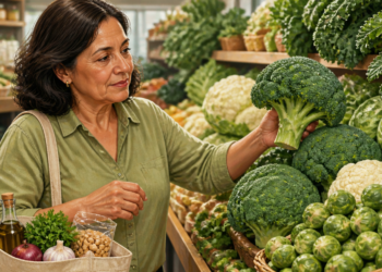Mujer adulta eligiendo un brócoli en la sección de verduras de un mercado, rodeada de coliflor, coles de Bruselas y otras hortalizas verdes, con una bolsa reutilizable con alimentos.