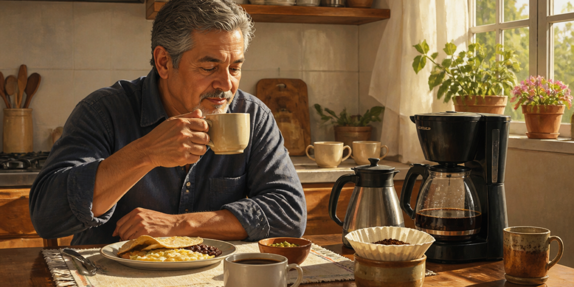 Hombre adulto tomando una taza de café en una cocina, sentado frente a varias tazas, una cafetera eléctrica y un filtro con café molido durante el desayuno.
