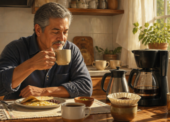 Hombre adulto tomando una taza de café en una cocina, sentado frente a varias tazas, una cafetera eléctrica y un filtro con café molido durante el desayuno.