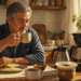 Hombre adulto tomando una taza de café en una cocina, sentado frente a varias tazas, una cafetera eléctrica y un filtro con café molido durante el desayuno.