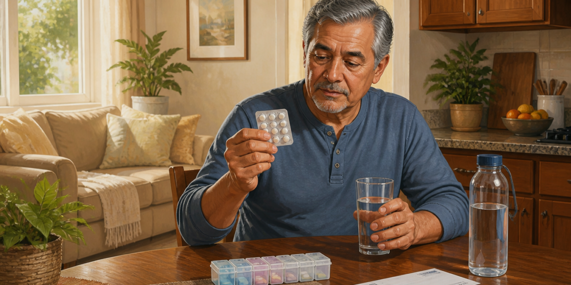 Hombre adulto observando un blíster de pastillas mientras sostiene un vaso de agua, sentado ante una mesa con un organizador de medicamentos, una botella de agua y un documento.