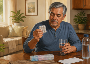 Hombre adulto observando un blíster de pastillas mientras sostiene un vaso de agua, sentado ante una mesa con un organizador de medicamentos, una botella de agua y un documento.