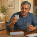 Hombre adulto observando un blíster de pastillas mientras sostiene un vaso de agua, sentado ante una mesa con un organizador de medicamentos, una botella de agua y un documento.