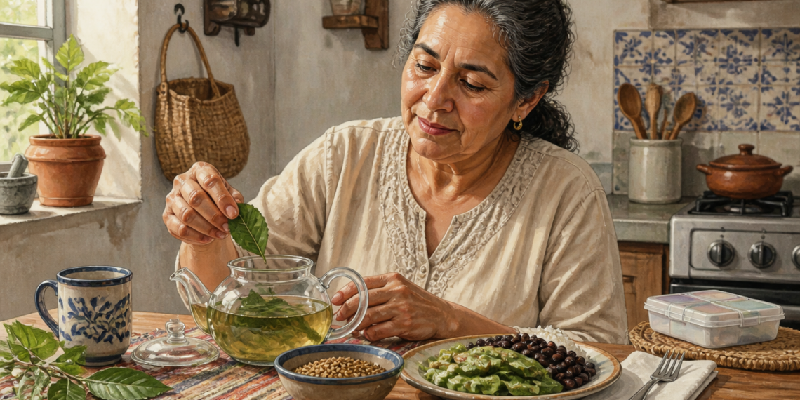 Mujer adulta preparando una infusión de hojas en una tetera de vidrio, sentada a una mesa con una taza, un cuenco de semillas y un plato con verduras y legumbres en una cocina.