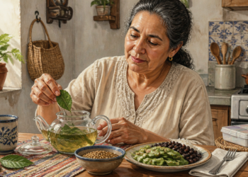 Mujer adulta preparando una infusión de hojas en una tetera de vidrio, sentada a una mesa con una taza, un cuenco de semillas y un plato con verduras y legumbres en una cocina.