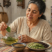 Mujer adulta preparando una infusión de hojas en una tetera de vidrio, sentada a una mesa con una taza, un cuenco de semillas y un plato con verduras y legumbres en una cocina.