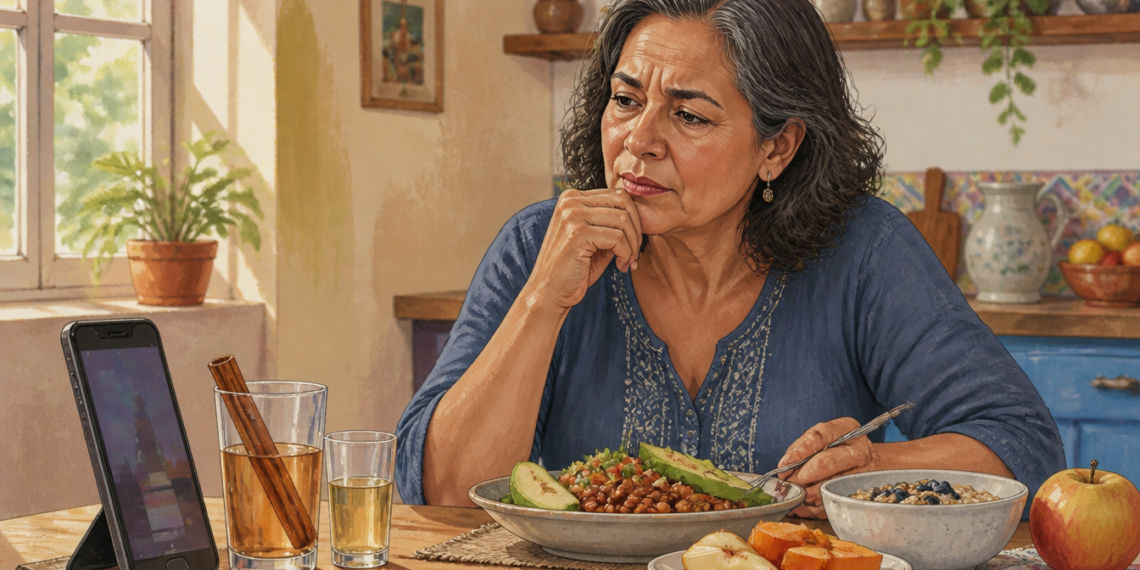 Mujer adulta sentada a la mesa frente a un plato con legumbres y aguacate, junto a una infusión con ramas de canela, un pequeño vaso de bebida clara, avena con frutos rojos, fruta y un teléfono móvil.