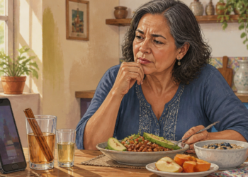 Mujer adulta sentada a la mesa frente a un plato con legumbres y aguacate, junto a una infusión con ramas de canela, un pequeño vaso de bebida clara, avena con frutos rojos, fruta y un teléfono móvil.