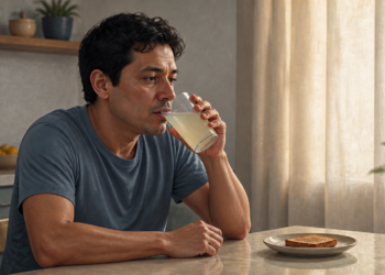 Hombre adulto bebe una bebida casera de color claro sentado a la mesa, con una tostada en un plato y una cocina luminosa al fondo.