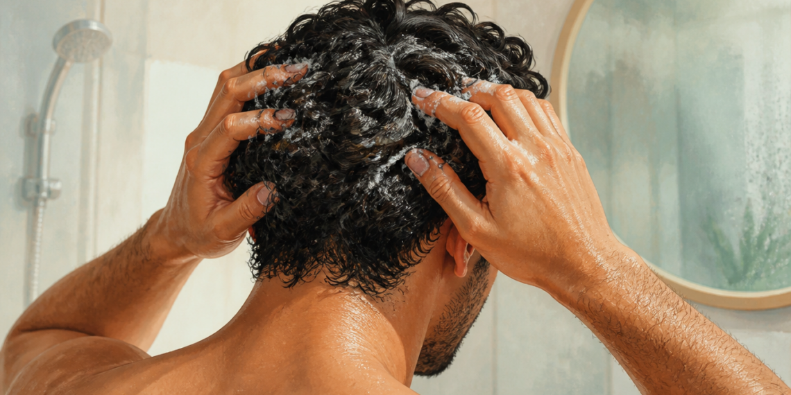 Hombre en la ducha masajea el cuero cabelludo con champú mientras se lava el pelo, con espuma visible y un espejo al fondo.