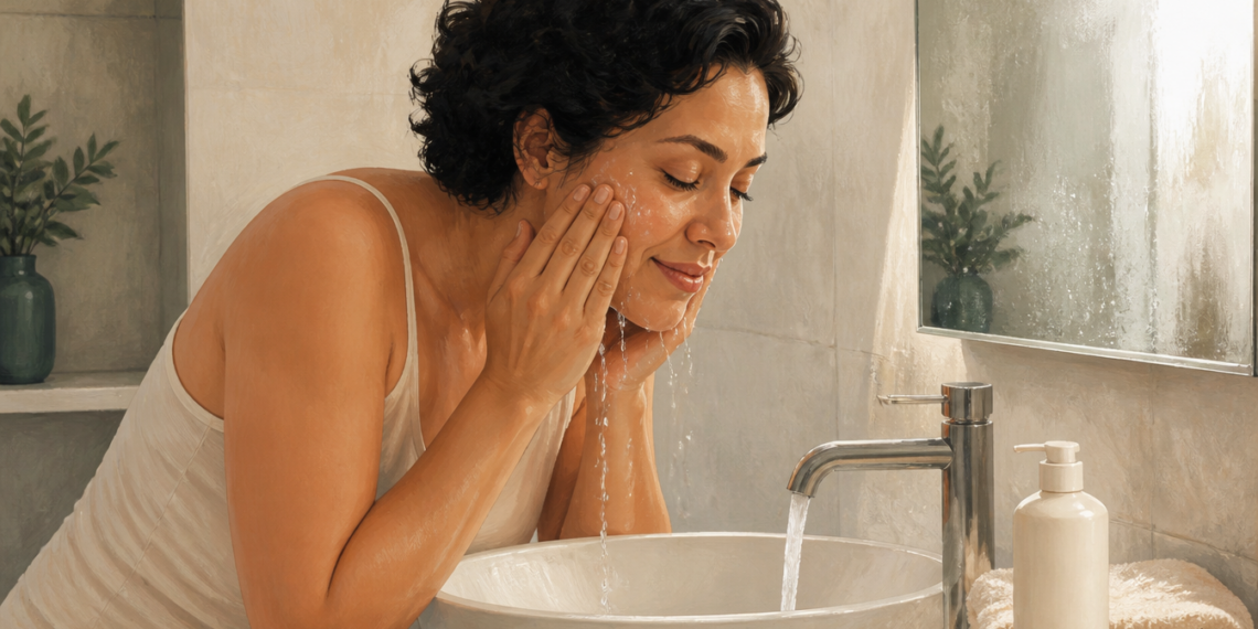 Mujer adulta se lava el rostro con agua sobre un lavabo, frente a un espejo y junto a un dispensador y una toalla.