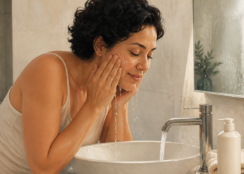 Mujer adulta se lava el rostro con agua sobre un lavabo, frente a un espejo y junto a un dispensador y una toalla.