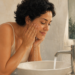 Mujer adulta se lava el rostro con agua sobre un lavabo, frente a un espejo y junto a un dispensador y una toalla.