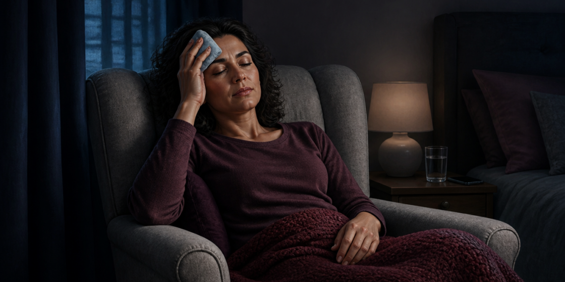 Mujer adulta descansa en un sillón oscuro con los ojos cerrados y una compresa fría sobre la frente, en un dormitorio con poca luz.