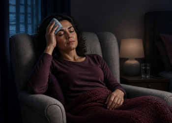 Mujer adulta descansa en un sillón oscuro con los ojos cerrados y una compresa fría sobre la frente, en un dormitorio con poca luz.