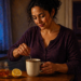 Mujer adulta remueve una bebida caliente en una taza junto a un frasco de miel y medio limón, en una cocina iluminada durante la noche.