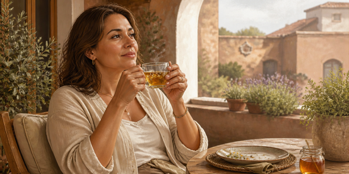 Mujer adulta sentada en una terraza mientras sostiene una taza de infusión caliente, con un pequeño frasco de miel sobre la mesa.