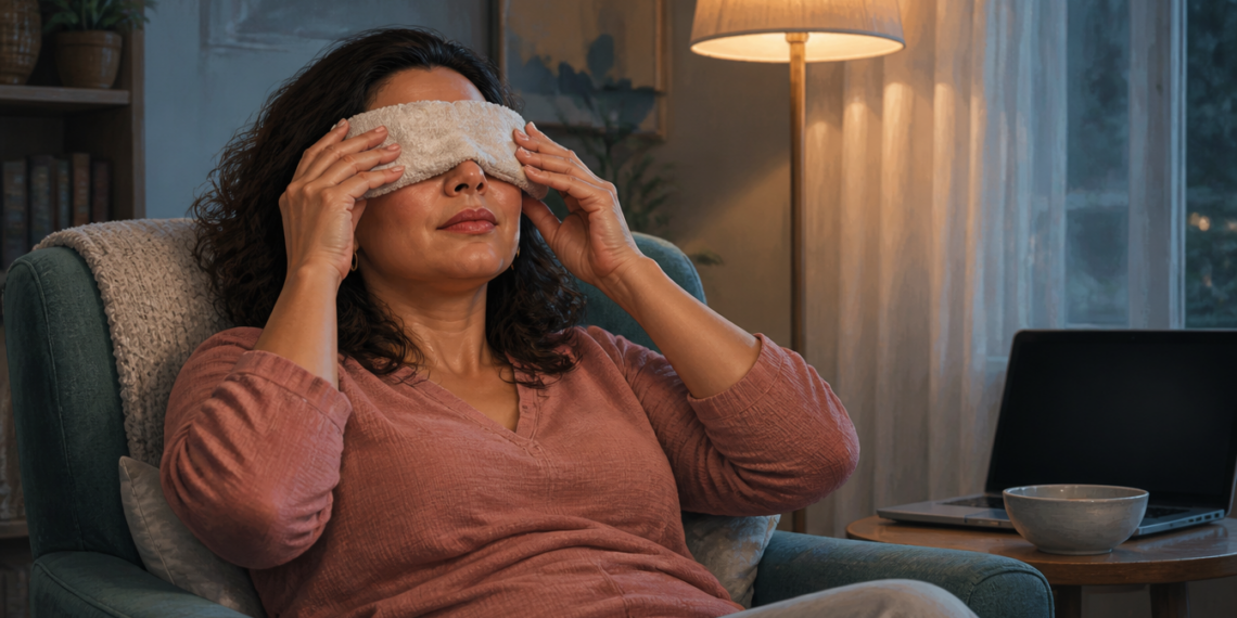 Mujer sentada en un sillón coloca una compresa de tela sobre los ojos en una sala iluminada por una lámpara, con un portátil y un cuenco sobre una mesa auxiliar.