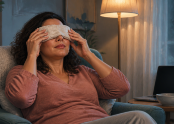 Mujer sentada en un sillón coloca una compresa de tela sobre los ojos en una sala iluminada por una lámpara, con un portátil y un cuenco sobre una mesa auxiliar.