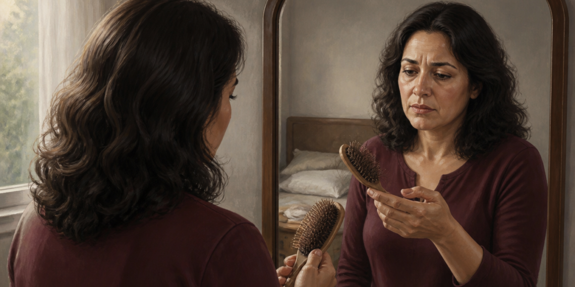 Mujer adulta observa un cepillo para el cabello frente al espejo, con expresión de preocupación, en un dormitorio iluminado.