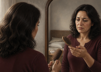 Mujer adulta observa un cepillo para el cabello frente al espejo, con expresión de preocupación, en un dormitorio iluminado.