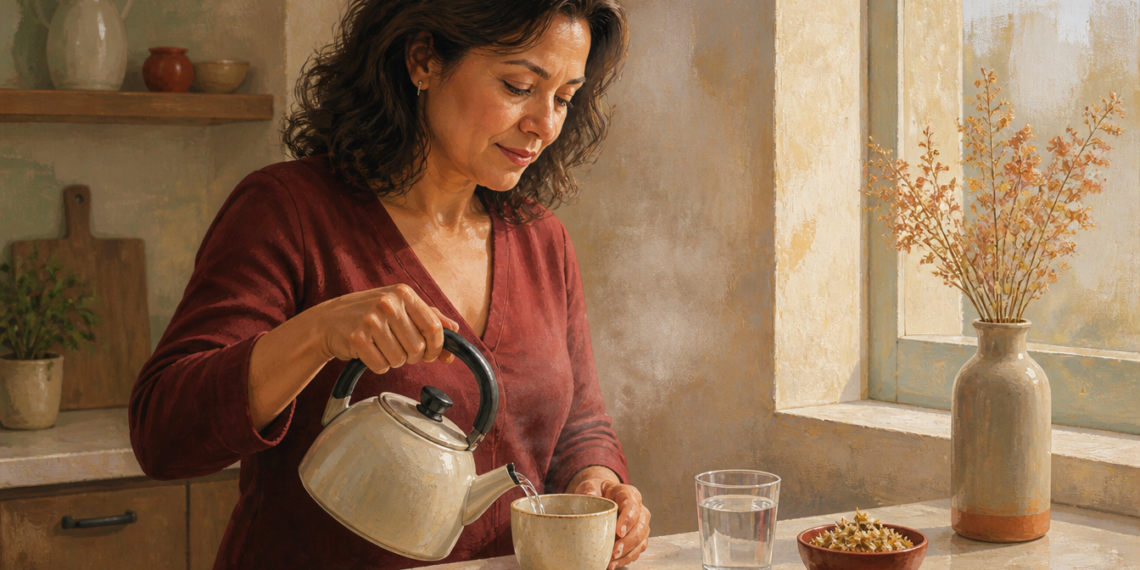 Mujer adulta vierte agua caliente de una tetera en una taza junto a un vaso de agua y un recipiente con hierbas secas en una cocina iluminada.