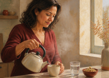 Mujer adulta vierte agua caliente de una tetera en una taza junto a un vaso de agua y un recipiente con hierbas secas en una cocina iluminada.