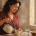 Mujer adulta vierte agua caliente de una tetera en una taza junto a un vaso de agua y un recipiente con hierbas secas en una cocina iluminada.