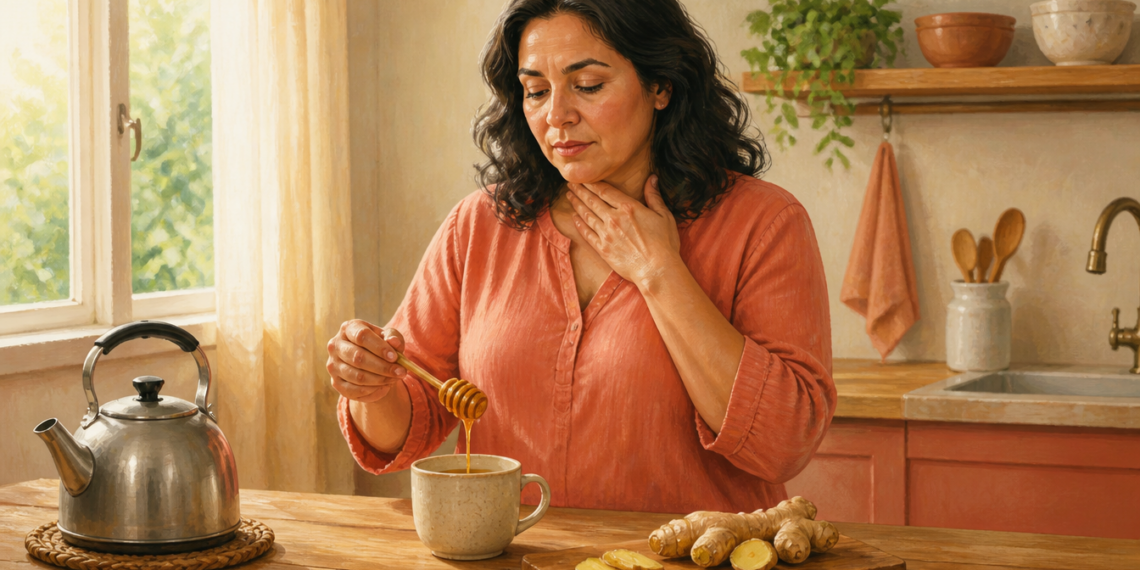Mujer adulta en una cocina sosteniendo una mano sobre la garganta mientras añade miel con un utensilio a una taza, junto a una tetera y jengibre fresco.