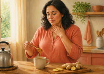 Mujer adulta en una cocina sosteniendo una mano sobre la garganta mientras añade miel con un utensilio a una taza, junto a una tetera y jengibre fresco.