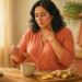Mujer adulta en una cocina sosteniendo una mano sobre la garganta mientras añade miel con un utensilio a una taza, junto a una tetera y jengibre fresco.