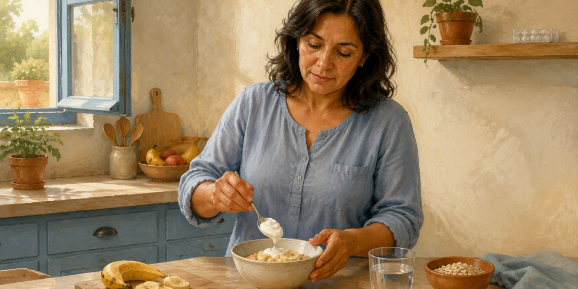 Mujer adulta añade yogur a un cuenco con avena y plátano en una cocina, junto a un vaso de agua y un recipiente con copos de avena.