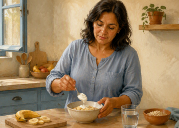 Mujer adulta añade yogur a un cuenco con avena y plátano en una cocina, junto a un vaso de agua y un recipiente con copos de avena.