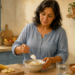 Mujer adulta añade yogur a un cuenco con avena y plátano en una cocina, junto a un vaso de agua y un recipiente con copos de avena.