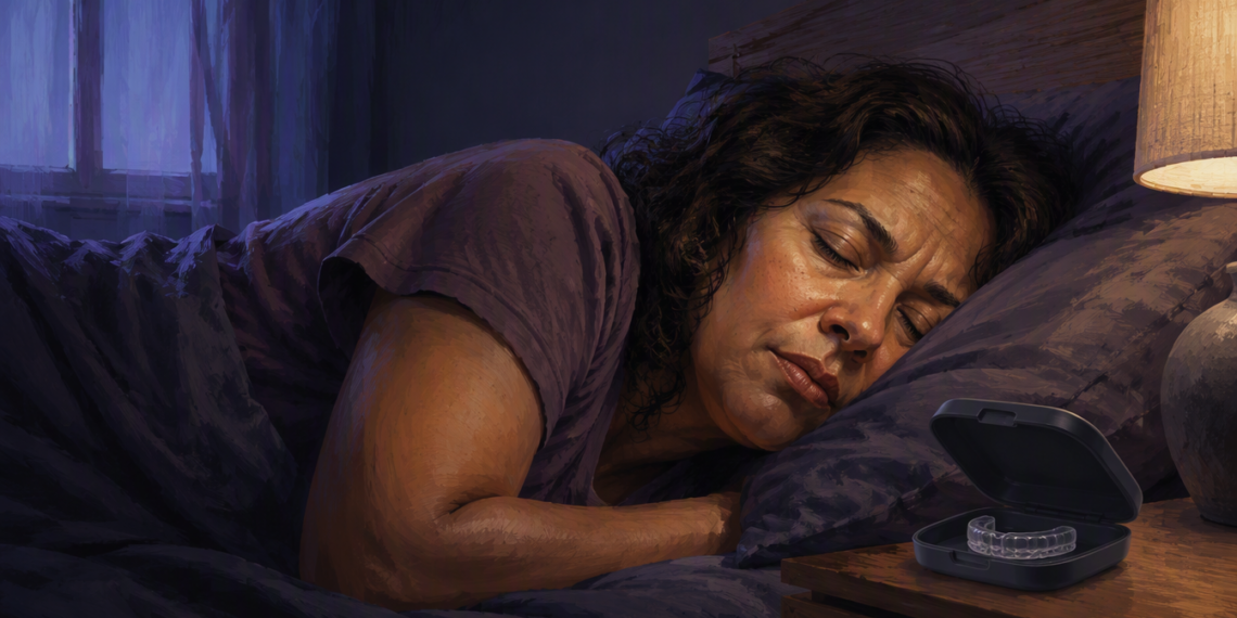 Mujer dormida de lado en una cama durante la noche, con una férula dental transparente en un estuche abierto sobre la mesilla junto a una lámpara encendida.