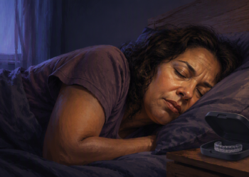 Mujer dormida de lado en una cama durante la noche, con una férula dental transparente en un estuche abierto sobre la mesilla junto a una lámpara encendida.
