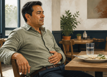 Hombre adulto sentado en un restaurante apoya una mano sobre el abdomen después de comer, con un plato vacío y vasos sobre la mesa.