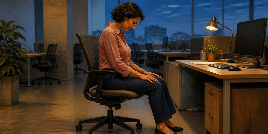 Mujer sentada en una silla de oficina inclina la cabeza hacia delante al final de la jornada, junto a un escritorio con ordenador y lámpara en una oficina.