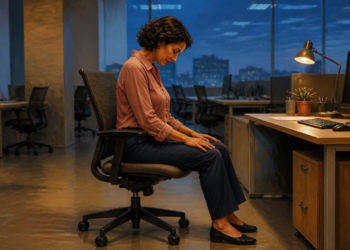 Mujer sentada en una silla de oficina inclina la cabeza hacia delante al final de la jornada, junto a un escritorio con ordenador y lámpara en una oficina.