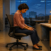 Mujer sentada en una silla de oficina inclina la cabeza hacia delante al final de la jornada, junto a un escritorio con ordenador y lámpara en una oficina.
