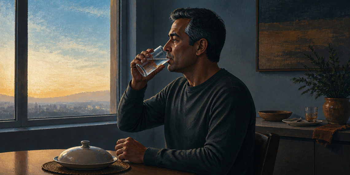 Hombre adulto bebe un vaso de agua sentado junto a una ventana al amanecer, con un plato cubierto sobre la mesa.