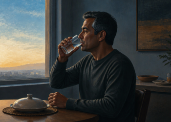 Hombre adulto bebe un vaso de agua sentado junto a una ventana al amanecer, con un plato cubierto sobre la mesa.