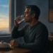 Hombre adulto bebe un vaso de agua sentado junto a una ventana al amanecer, con un plato cubierto sobre la mesa.