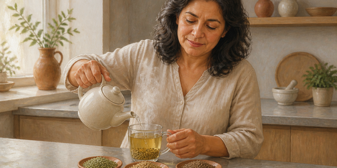 Mujer adulta vierte agua caliente de una tetera en una taza de vidrio con semillas, junto a tres pequeños platos con distintas semillas sobre la encimera de una cocina.