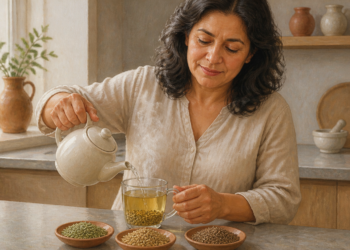 Mujer adulta vierte agua caliente de una tetera en una taza de vidrio con semillas, junto a tres pequeños platos con distintas semillas sobre la encimera de una cocina.