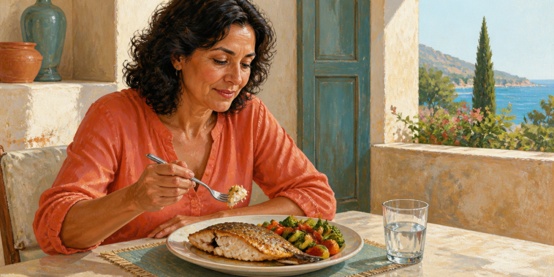Mujer adulta comiendo un plato de pescado con verduras junto a un vaso de agua, sentada en una mesa con vistas al mar.