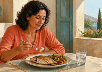 Mujer adulta comiendo un plato de pescado con verduras junto a un vaso de agua, sentada en una mesa con vistas al mar.