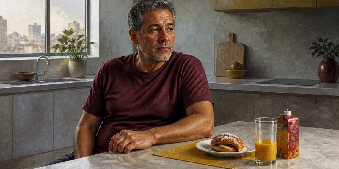 Hombre de mediana edad sentado en una cocina frente a un desayuno con bollería y zumo, mientras observa hacia un lado con expresión pensativa.